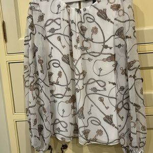 WHBM white long sleeve blouse with key/rope print-